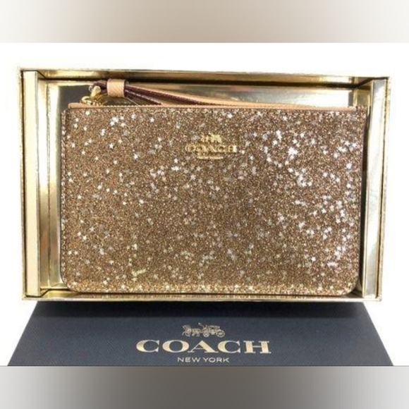 Coach F22705 IMGLD Star Glitter Gold Printed Coated Canvas Corner Zip Wristlet W - Picture 11 of 14